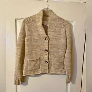 Liz Claiborne Oatmeal Beige Cardigan Size S Petite Buttons Pockets Mock Neck